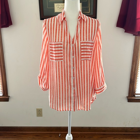 By&By women’s button down blouse. Size Large. Light orange& white stripe. - Picture 3 of 12